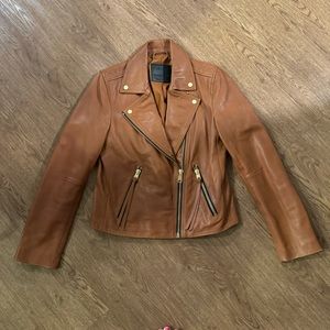 All Saints Brown Leather Moto Jacket Asymmetrical Zipper